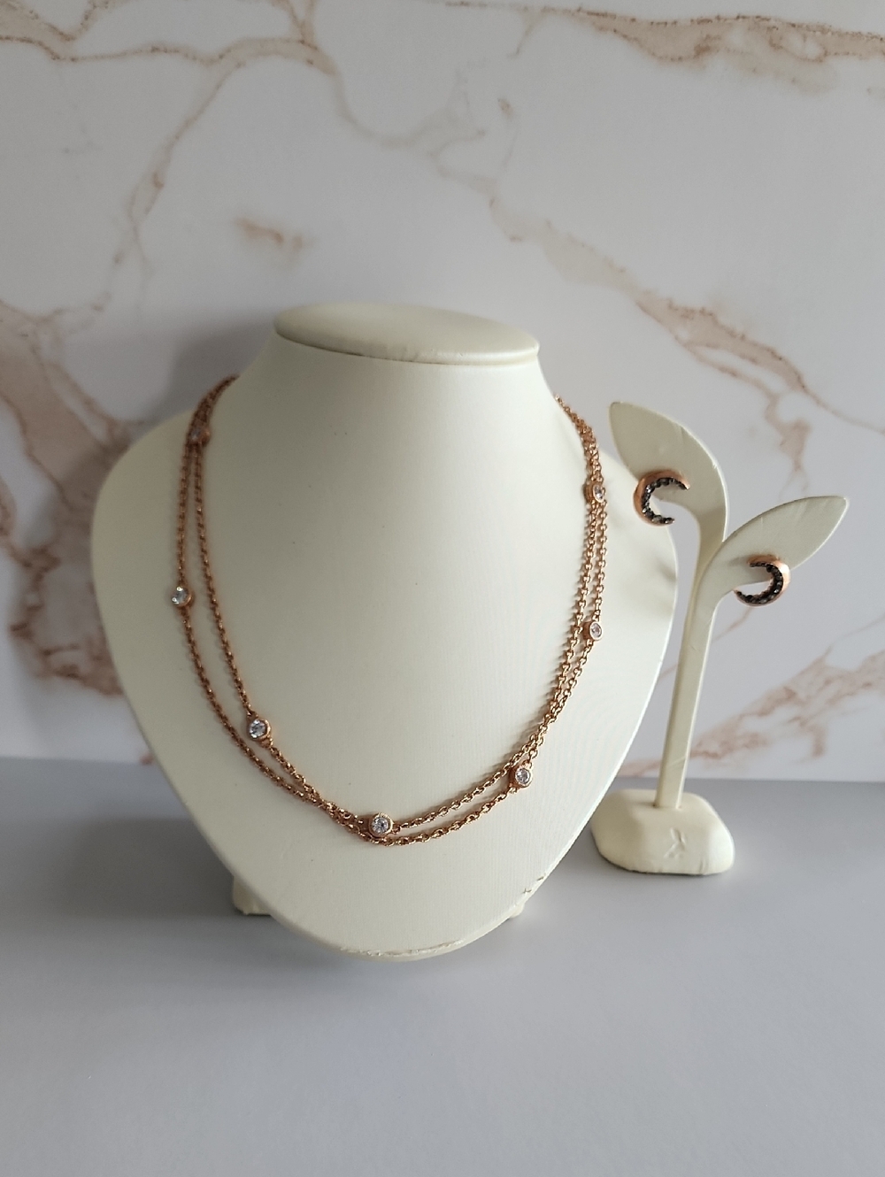 Judith Ripka Rose Gold Plated Station Necklace With Moon Shaped Earrings